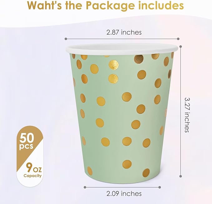 Sage Green and Gold Paper Cups,9 oz Sage Green and Gold Disposable Cups,Paper Cups for Birthday Wedding Party Supplies(50 Pcs)