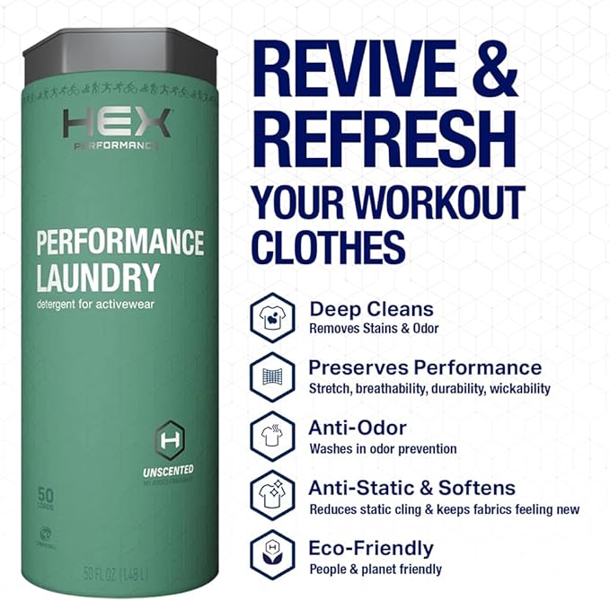 HEX Performance Laundry Detergent, Unscented, 100 Loads (50ld Pack of 2) – Concentrated Activewear Detergent for Odor Removal, Sweat & Residue, Fragrance-Free, HE Compatible, Biodegradable Formula