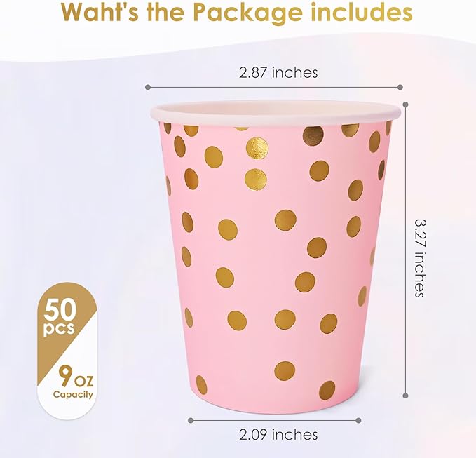 Pink and Gold Paper Cups,9 oz Pink Disposable Cups,Gold Foil Dot Paper Cups for Birthday Wedding Party Supplies(50 Pcs)