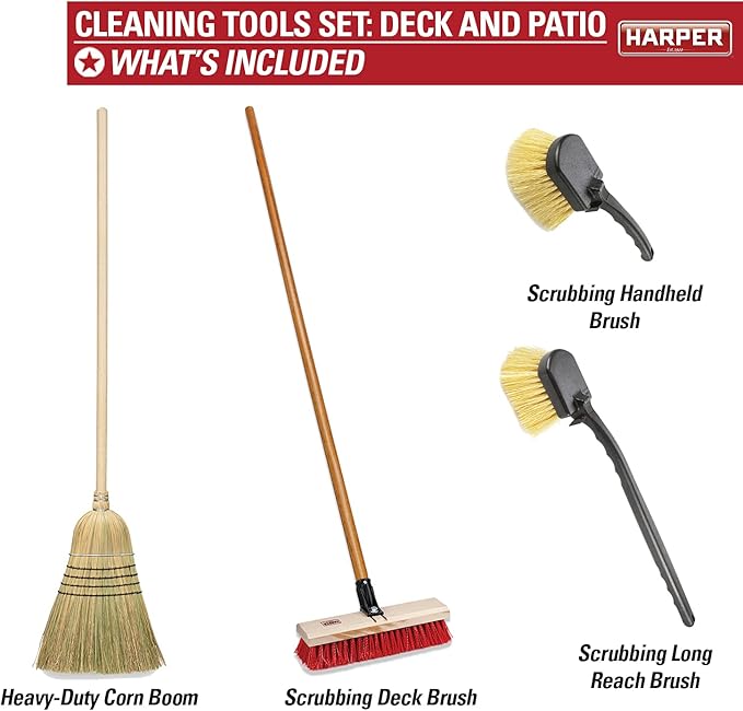 Harper 37518100 Deck/Patio Cleaning Set with 60 in. Handle Deck Brush, Heavy Duty Corn Broom, Scrubbing Brush and Long Reach Scrubbing Brush