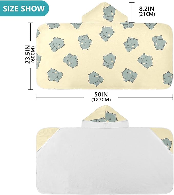 susiyo Kids Hooded Bath Towel Cute Gray Hippo Beach Towel for Kids 23.5 x 50 Inch Microfiber Soft Absorbent Quick Dry Bath Swim Pool Towel Wrap Poncho Bathrobe with Hood for Kids Toddler