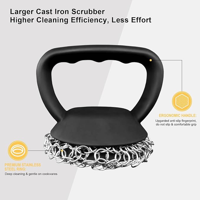 Cast Iron Scrubber 316L Chainmail Cleaner for Pans, Frying Pans & Grills, Ergonomic Handle &Large Panel for Cleaning Cast Iron