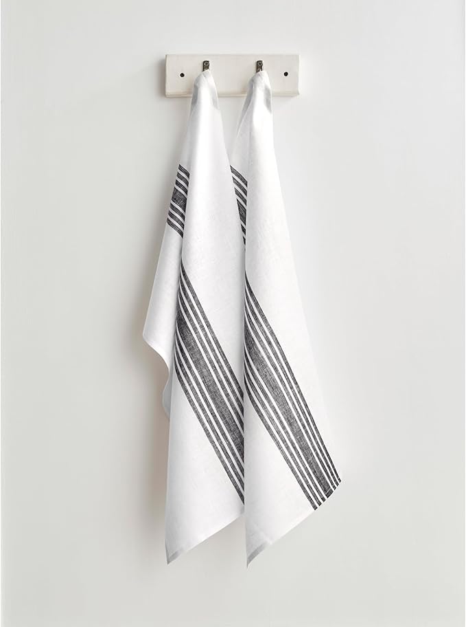 Solino Home Black and White Linen Kitchen Towels Set of 2-100% Pure Linen 17 x 26 Inch Farmhouse Tea Towels with Hanging Loop - European Flax Kitchen Dish Cloth - Quick Dry & Machine Washable