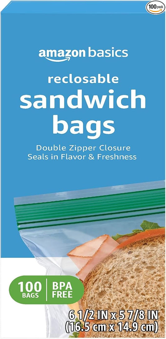 Amazon Basics Reclosable Double Zipper Sandwich Storage Bags for Food Storage, BPA Free, 100 Count