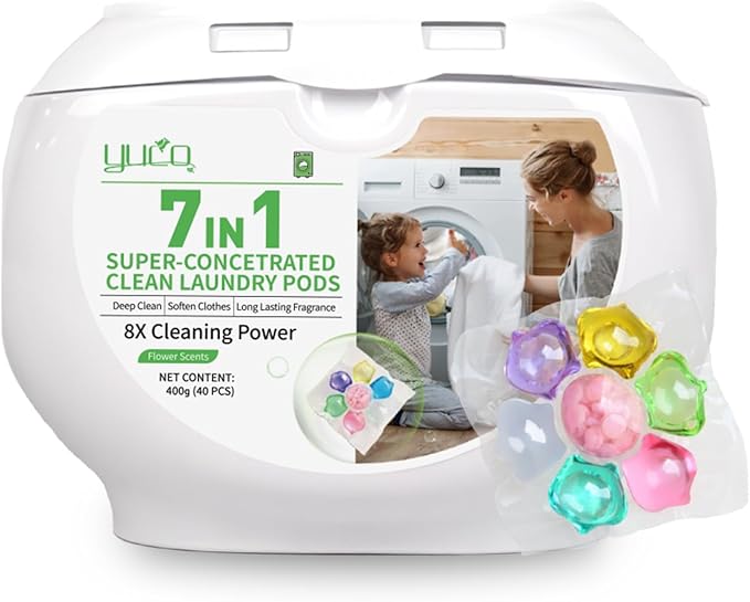 YUCO Laundry Pods Detergent 7-in-1 Super Cleaning PowerHypoallergenic & Ultra Concentrated Laundry Liquid Pods HE Compatible Washing Detergent with Long-Lasting Mixed Floral Fragrance 32 Loads