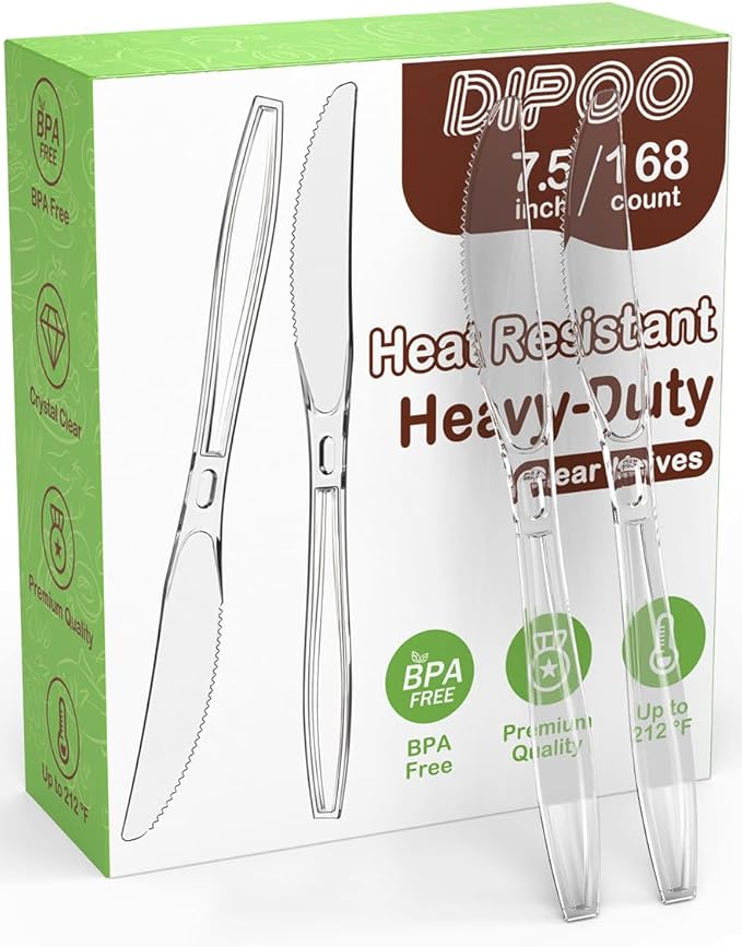 Dipoo 168pc 7.5" Clear Plastic Knives Heavy Duty Upgraded Heat Resistant & BPA Free, Solid and Durable Plastic Cutlery, Premium Disposable Knives, for Party Supply