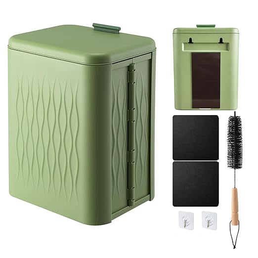 Magnetic Lint Bin for Laundry Room, Extra Large Foldable Lint Trash Can with Lid and Dryer Lint Brush, Wall Mounted Laundry Room Organization and Storage, Green