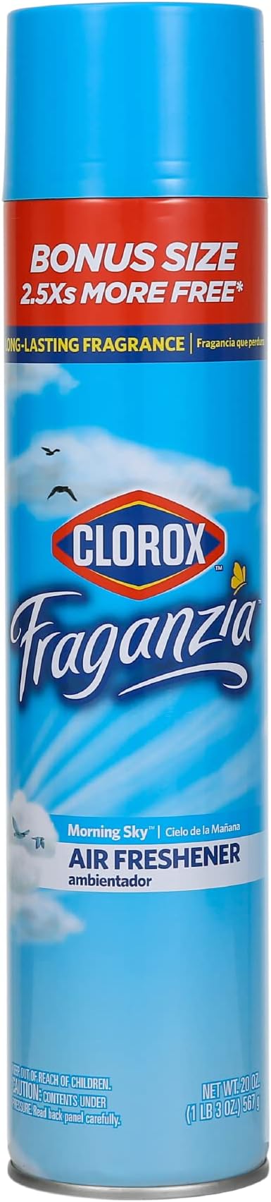 Clorox Fraganzia Aerosol Air Freshener Spray in Morning Sky Scent - Long-Lasting Odor Eliminator and Room Freshener for Home, Bathroom, Bedroom, and Kitchen, 20 oz Bonus Size - 12 Pack