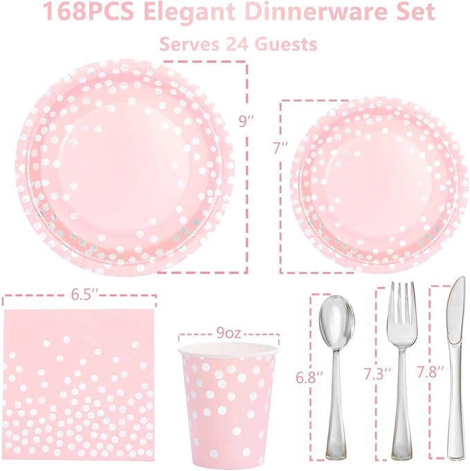 Pink Birthday Plates Baby Shower Party Supplies,168PCS Pink Plates Set with Silver Cutlery for Baby Girl Birthday Party Decorations Serve 24