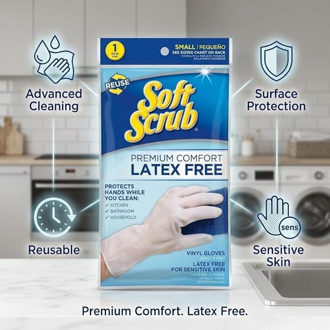 Soft Scrub Vinyl Cleaning Gloves L White – Latex Alternative for Dish – Rubber for Kitchen Gloves – Household Essentials Cleaning Tools – Pack of 2