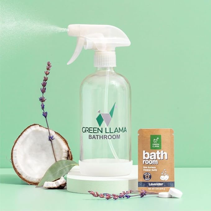 Green Llama Eco Bathroom Cleaner Spray - 16oz Glass Bottle, 3 Refill Tablets, Natural, Sustainable, Lavender Rosemary Scent - Safe, Effective for Home Surfaces - Ideal Choice for Eco-Conscious Living