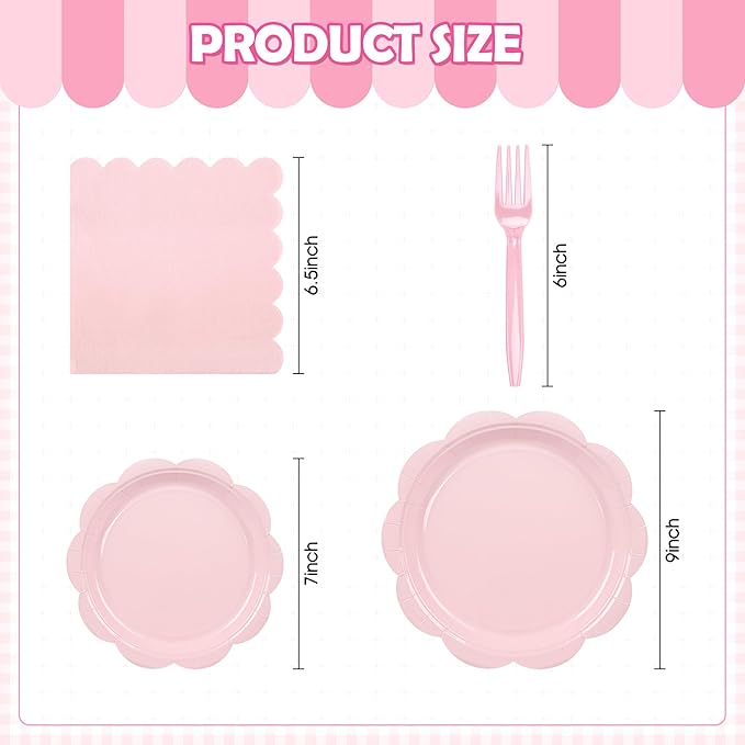 96 Pcs Pink Paper Plates and Napkins Set Party Supplies, Tableware set for 24 Guest include Disposable Pink Scalloped Plates, Napkins and Forks for Baby Shower Bridal Shower Wedding Birthday