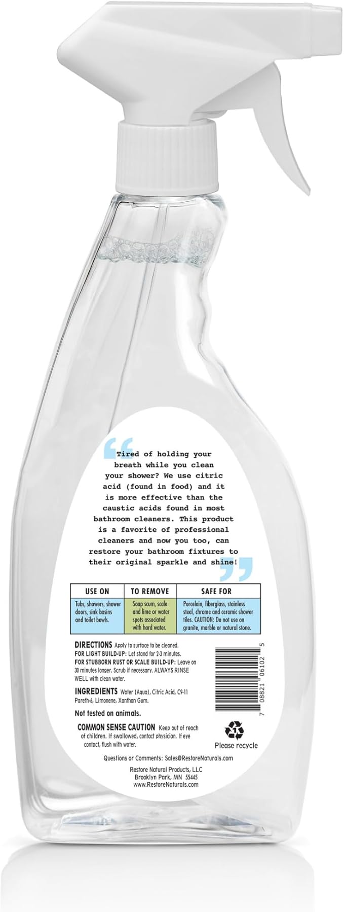 Restore Naturals Non Toxic Bathroom Cleaner - 22oz - Soap Scum Remover, Non Toxic Shower Cleaner, Safe Cleaning Products, Eco Friendly Cleaning Products - 2 Pack