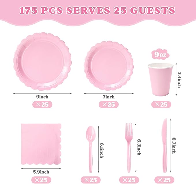 Vyntra 175 Pcs Pink Valentines Disposable Paper Plates and Napkins Set for 25, 9" Dinner Plates & 7" Dessert Plates, Tableware for Easter Party