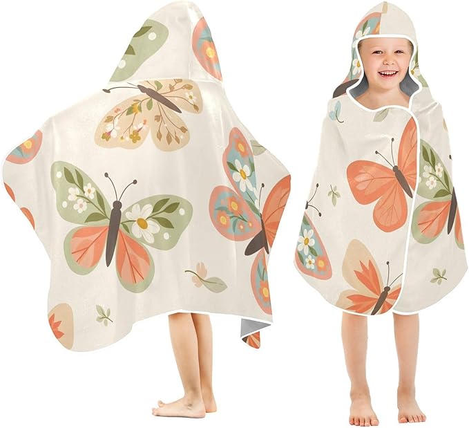 SUABO Kids' Bath Towels Butterfly with Flower Hooded Towels for Boys Girls,Toddler Towels Multi-Purpose for Beach,Pool and Bathroom,23.5" x 50", Soft and Highly Absorbent