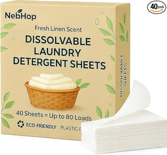 Eco Friendly Laundry Detergent Sheets – Biodegradable Detergent Strips, Fresh Linen Scent, Hypoallergenic Plant Based Washer Sheets, Plastic Free Travel Laundry Detergent, 40 Sheets (80 Loads)