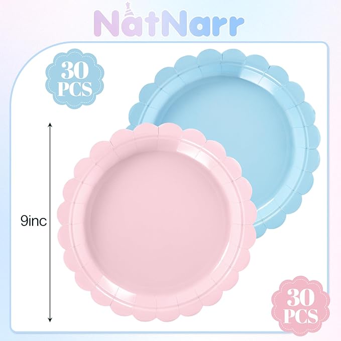 NatNarr 30 Pcs Gender Reveal Plates 9 Inch Disposable Scalloped Pink and Blue Plates Cute Dessert Cake Dinner Plate for Baby Shower, 1st Birthday