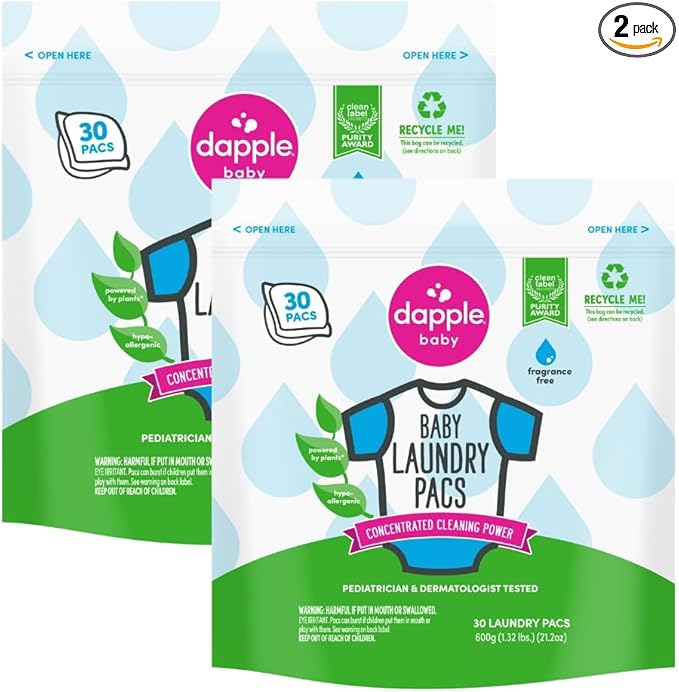 Dapple Baby Laundry Detergent Pacs - 30 Count - Fragrance-free Laundry Pods for Sensitive Skin - Plant-Powered Stain Remover - Newborn Essentials (Pack of 2)