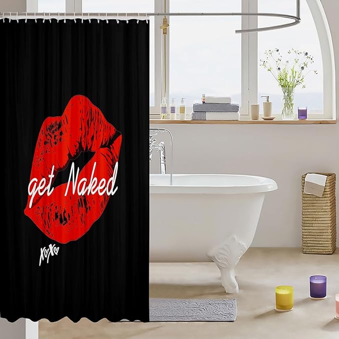Sexy Red Lips Shower Curtain Get Naked Shower Curtain Set with Hooks for Couple Lover Men Women Funny Quotes Bathroom Curtains Fashion Stylish Black Red White Cloth Fabric Bathroom Decor 72x78 Inch