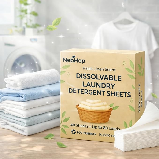 Eco Friendly Laundry Detergent Sheets – Biodegradable Detergent Strips, Fresh Linen Scent, Hypoallergenic Plant Based Washer Sheets, Plastic Free Travel Laundry Detergent, 40 Sheets (80 Loads)