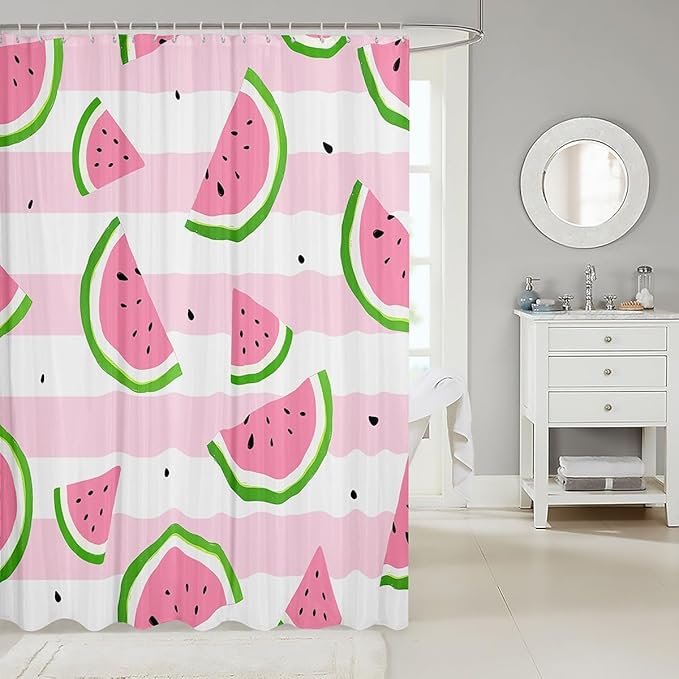 Manfei Kids Watermelon Shower Curtains Kawaii Fruits Print Waterproof Bath Curtains with 12 Hooks Suits for Bathtub, Pink White Stripe Bathroom Curtains for Boys Girls Room Decor, 72" W x 78" L