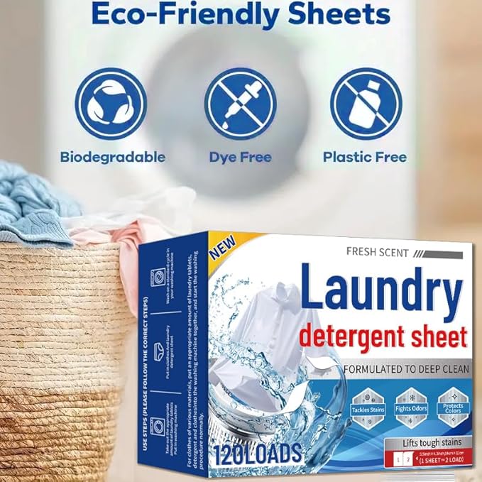 Laundry Detergent Sheets, 60 Count | 120 Loads for Travel & Home | Eco-Friendly, Plastic-Free, Biodegradable | Ultra Concentrated, Hypoallergenic & HE Safe | Fresh Scent, Stain Fighter