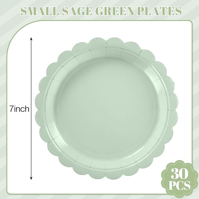 NatNarr 30 Pcs Dessert Plates Disposable, 7 Inch Scalloped Sage Green Birthday Cake Plates Small Appetizer Paper Plate for Baby Bridal Shower, Wedding