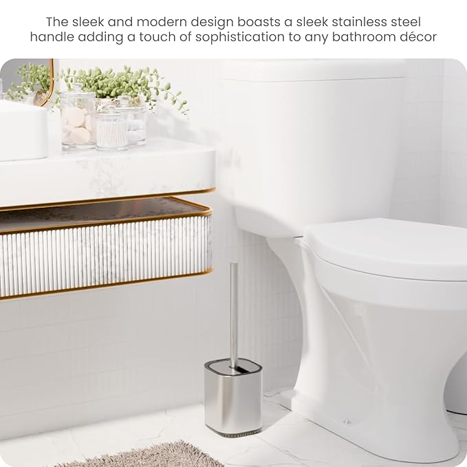 Home Zone Living Toilet Brush with Automatic Lid and Stainless Steel Handle, Compact Bathroom Cleaning Tool