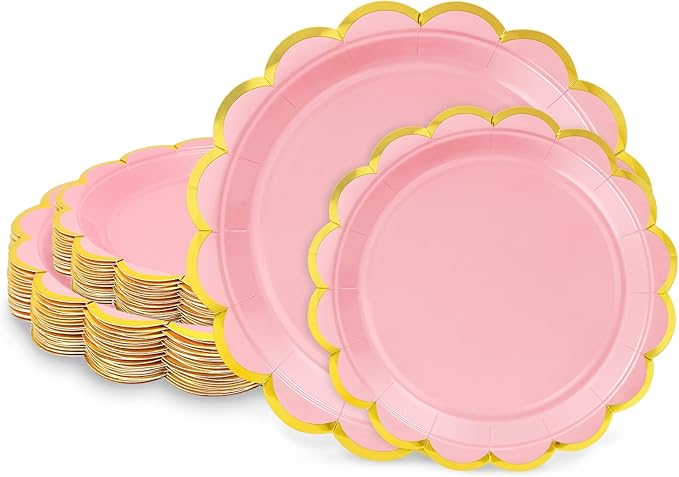 50 Pcs Light Pink Paper Plates, 25 Pcs 9" and 25 Pcs 7" Disposable Pink Scalloped Plates with Gold Foil for Graduation Wedding Baby Shower Birthday Party Picnic BBQ Valentines Day