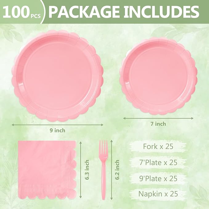 Mulbozy 100 Pink Paper Plates and Napkins Disposable Set Includes 25-9" & 25-7" Dessert Cake Scalloped Plates, Cocktail Napkins, Forks for for Holiday Party Supplies