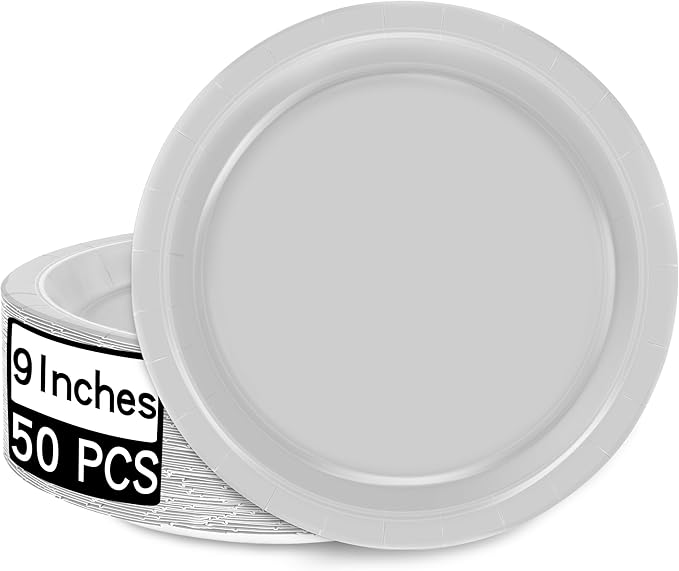 QZYL 50 PCS Paper Plates Set, Silver 9 Inches Disposable Dinner Plates, Heavy Duty Party Plates Bulk, Round Paper Dinner Plates for Daily Meals Party Picnic Wedding Birthday Anniversary Christmas