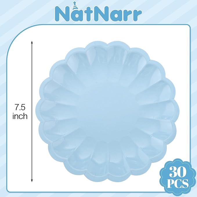 NatNarr 30 Pcs Light Blue Scalloped Paper Plates 7.5 Inch Shell Edge Dinner Paper Plates Disposable Baby Blue Scalloped Easter Plate for Wedding Boy Baby Shower Birthday Party
