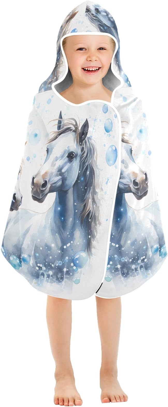 Hooded Towel for Kids Watercolor Horses Beach Wrap Bath Towels 50x23.5in