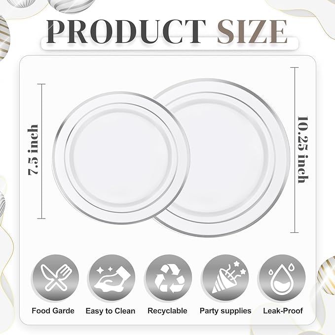 WDF 120PCS Plastic Plates White Silver Rim - Disposable Plates including 60PCS for Dinner 10.25inch, 60 Salad/Dessert Plates 7.5inch Heavy Duty Wedding Party Birthday