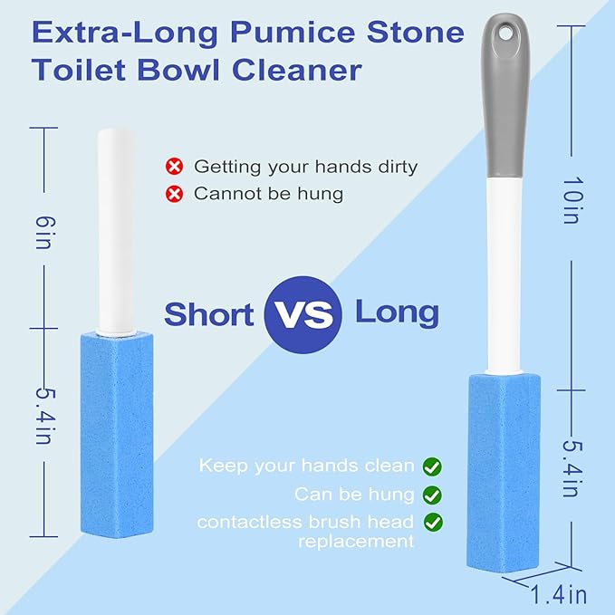 4 Pack Toilet Pumice Stone with Extra Long Handle,Pumice Stone Toilet Bowl Cleaner,1 Cleaning Handle, 4 No Touch Replaceable Piedra Pomez for Cleaning Toilets, Bathtubs, Grills, Sinks(Blue)