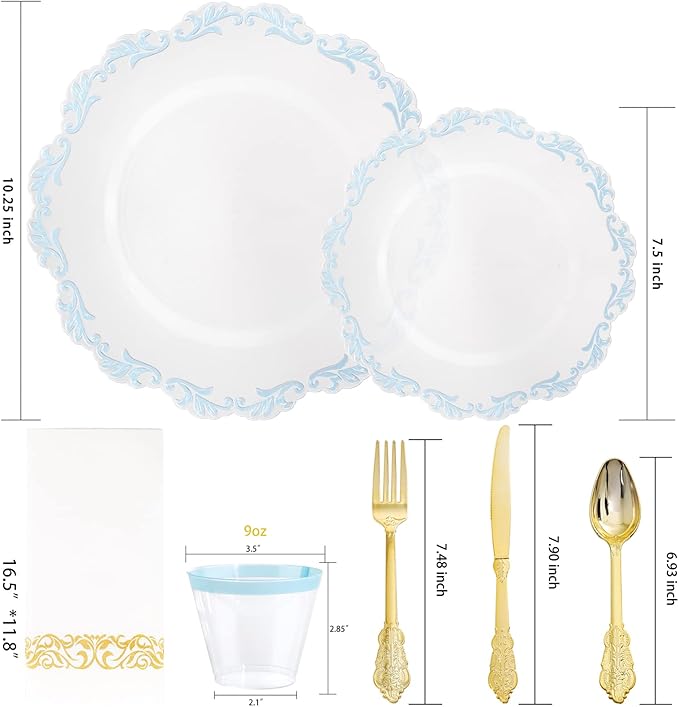 PULOTE 175-Piece Clear and Blue Plastic Plates - Blue Rim Disposable Dinnerware Set - Include 25 Dinner Plates, 25 Dessert Plates, 75 Cutlery, 25 Cups & 25 Napkins for Wedding and Parties