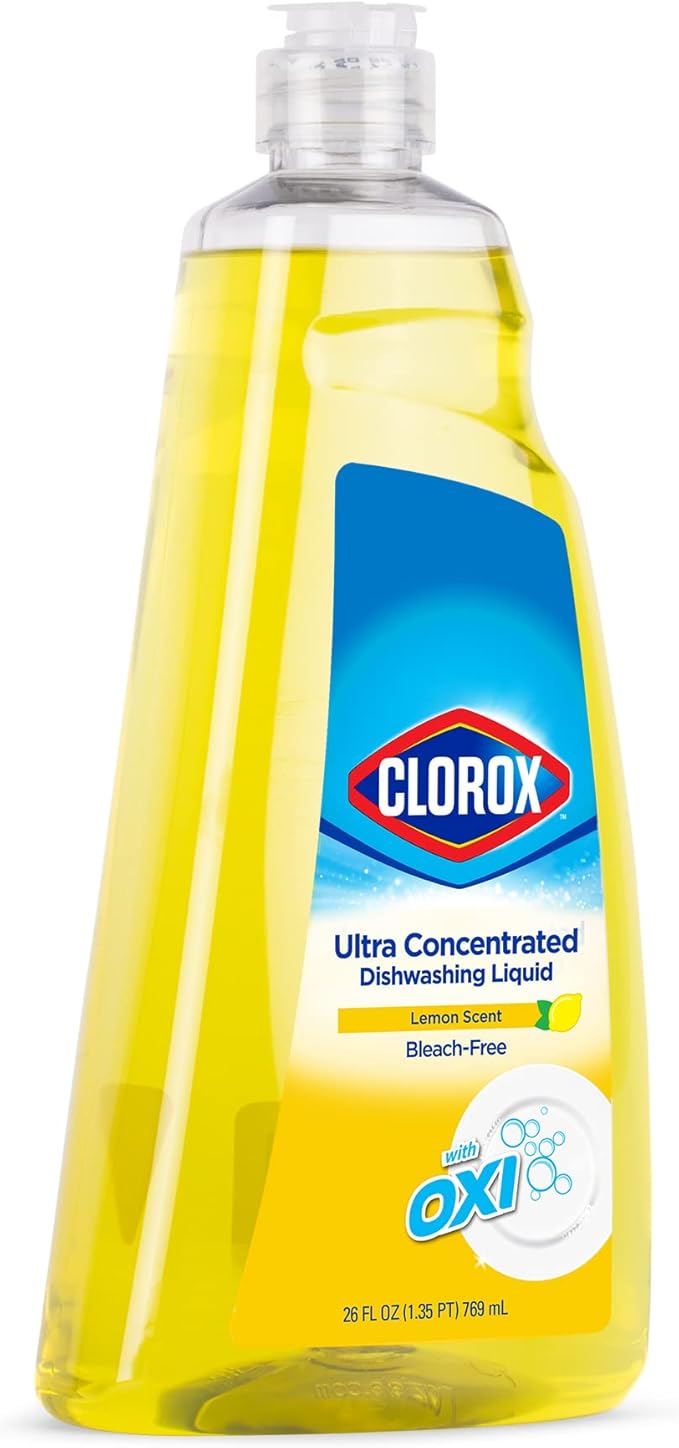 Clorox Ultra Concentrated Liquid Dish Soap with OXI, Lemon Scent - Bleach-Free Dermatologist Tested Dishwashing Detergent That Powers Through Grease and Lifts Stains, 26 Fl Oz