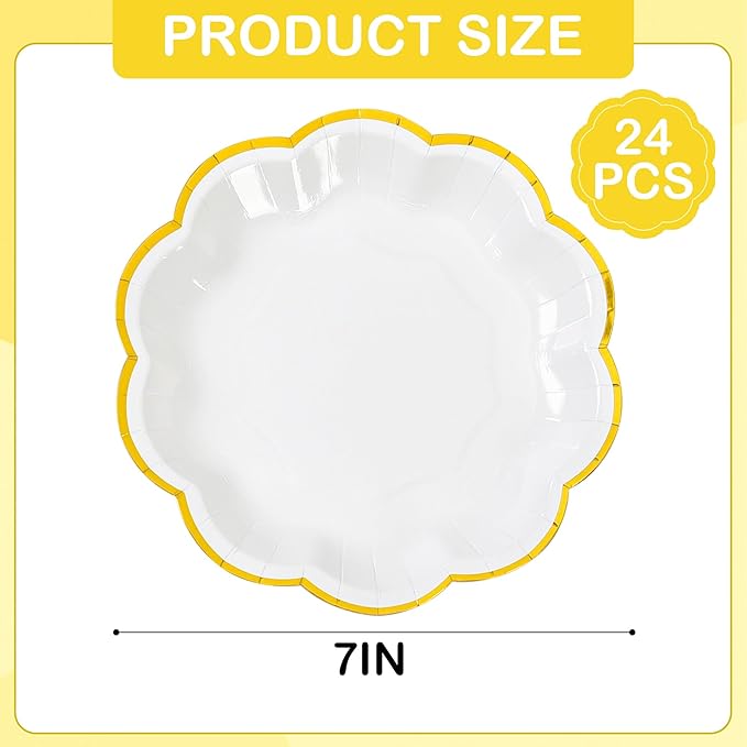 AimFun White Golden Party Plates Gold Foil Dessert Paper Plate 7inch Scalloped Edge Disposable Cake Plates for Tea Party Birthday Bridal Baby Shower Wedding Party Supplies (24, White)
