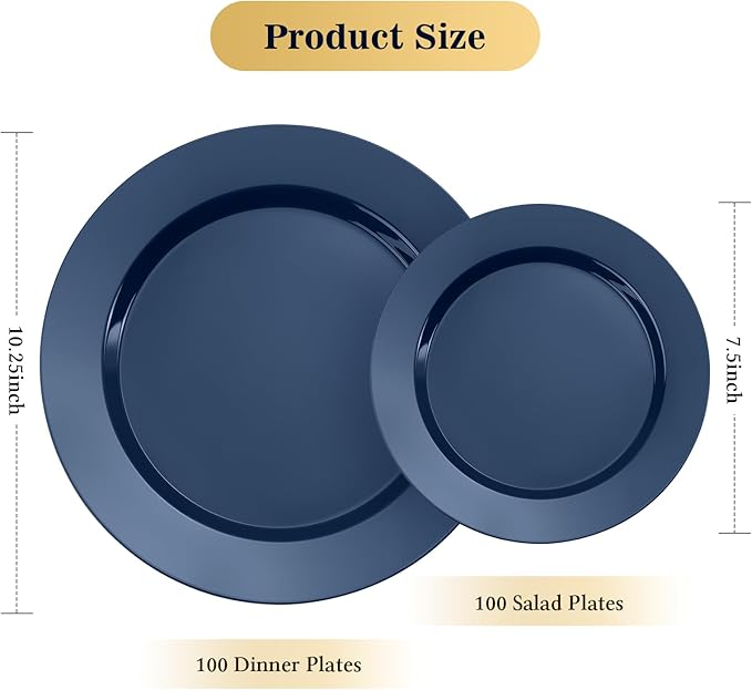 Goodluck 200PCS Navy Blue Plastic Plates, Heavy Duty Disposable Blue Plates with 100 10.25 inch Dinner Plates and 100 7.5 inch Dessert Plates for Party, Holiday, Wedding