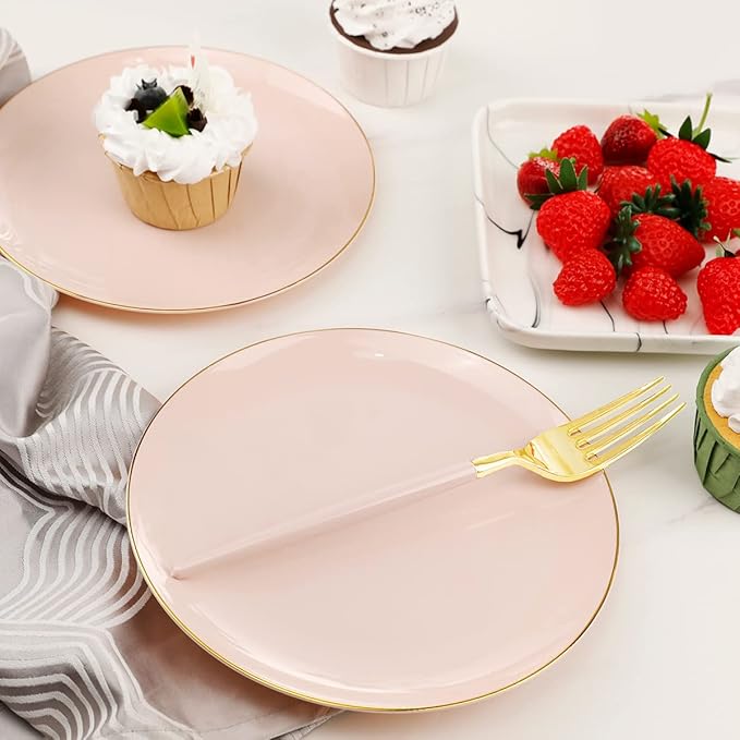 LIYH 96 Pcs Pink and Gold Disposable Plastic Dessert Plates and Forks Set - 7.5" Plastic Appetizer Plates & 9" Gold Cake Forks for Tea Parties, Birthdays, Baby Shower 48 Guests