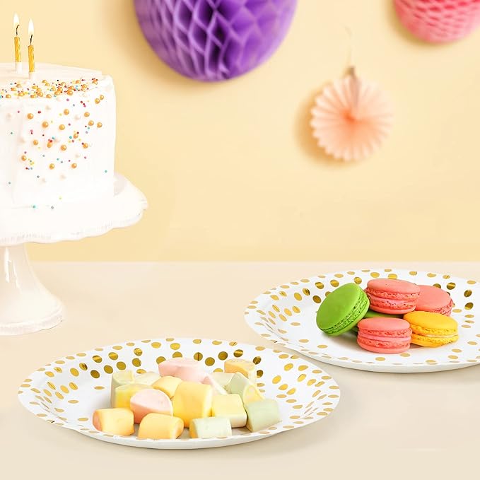 Gold Dots Party Paper Plates, 50 PCS Disposable Party Supplies Dessert Paper Plates for Birthday,Wedding Birdal Christmas Baby Shower (7 inches)