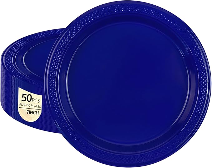 50PCS Dark Blue Plastic Plates, 7 Inch Disposable Dessert Plates Solid Color Party Plates for Picnic Parties Birthday Wedding Party Supplies (Dark Blue, 7 Inch)