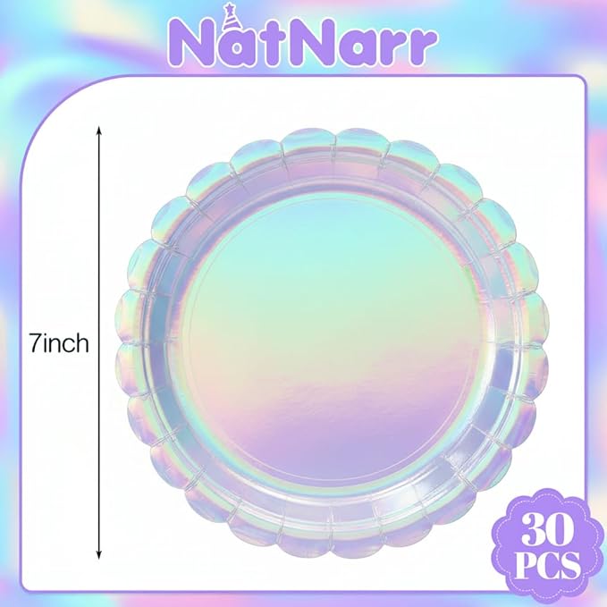 NatNarr 30 Pcs Iridescent Paper Plates Disposable 7 Inch Scalloped Holographic Plates Sliver Cake Dessert Plate for Graduation, Birthday, Mermaid, Disco