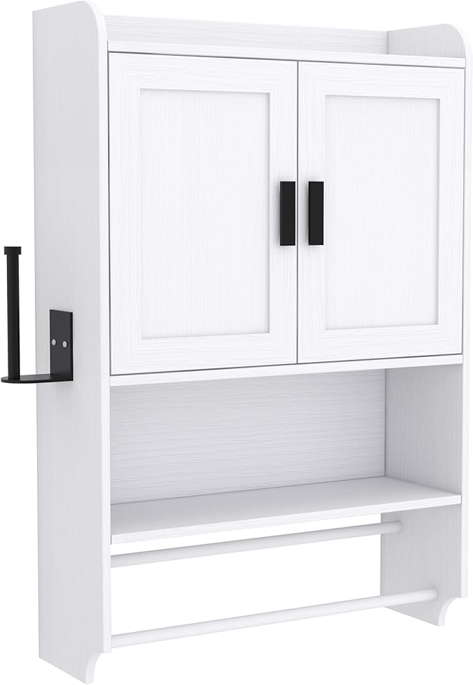 Bathroom Wall Cabinet with Doors, Over The Toilet Storage Cabinet with Adjustable Shelf, Towel Bar and Paper Holder, Medicine Cabinet for Bathroom Kitchen Laundry Room Entryway