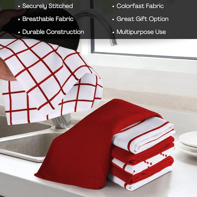 Assorted Waffle Kitchen Dish Towels Cotton Set of 6, Soft Absorbent Quick Drying Table and Kitchen Linen, Tea Towels and Cleaning Towels with Hanging Loop, Dish Towels 15x25 Red