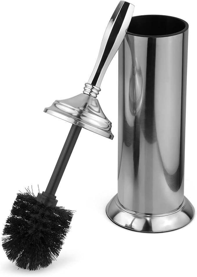 Splash Home Kolva Stainless Steel Toilet Brush with Holder, Bowl Scrubber with Durable Cleaning Bristles, Hidden Brush with Splash Protective Disc Design - Chrome