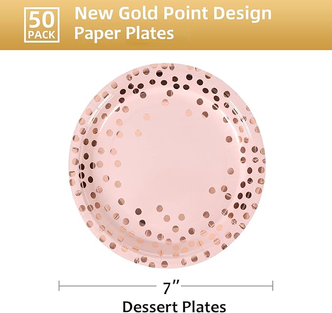 Pink & Rose Gold Dots Party Paper Plates, 50 PCS Disposable Party Supplies Dessert Paper Plates for Birthday Wedding Bridal Shower Supplies (7 inches)