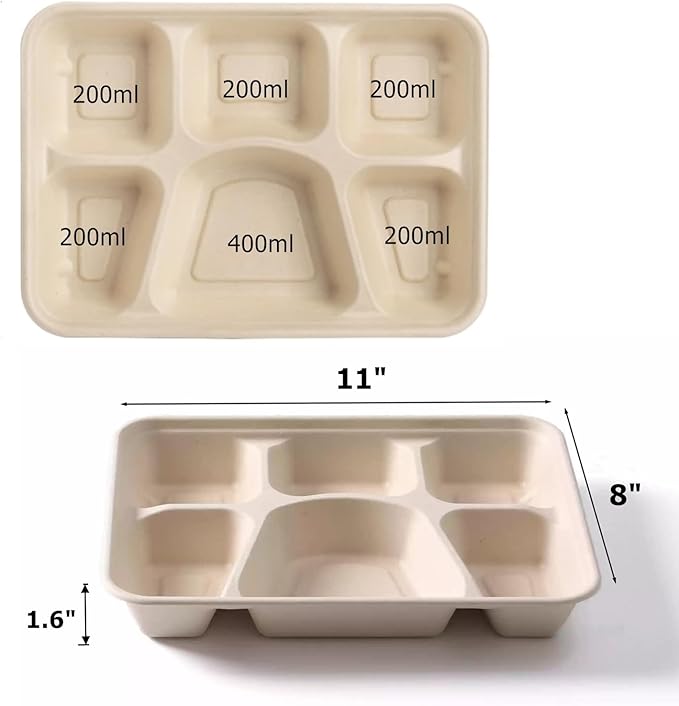 50 Pack 6 Compartment Disposable Plate, Heavy Duty Divided Paper Plates for Dinner, Microwavable Freezer Safe School Food Lunch Platter Tray for Party Dinner Buffet