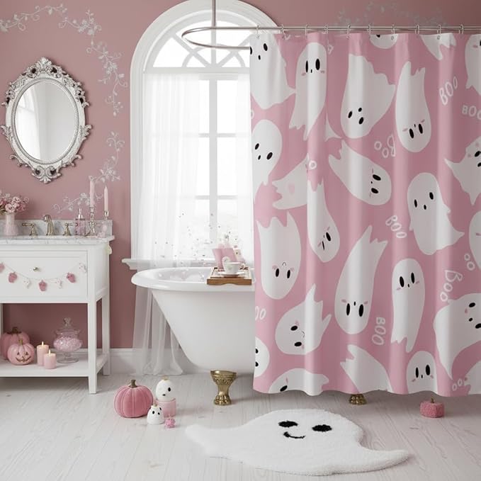 Castle Fairy Happy Halloween Shower Curtain,Cartoon Ghost Pink White Bath Curtain for Kids Bathroom Decor,Watercolor Print Waterproof Shower Curtain 72" Wx84 L