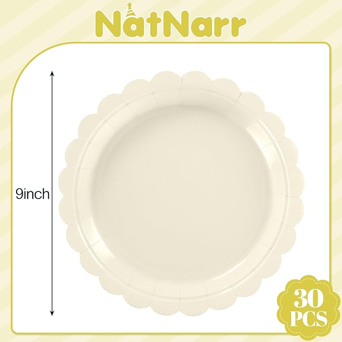 NatNarr 30 Pcs Ivory Paper Plates 9 Inch Disposable Scalloped Cream Plates Cute Beige Dessert Cake Plate Party Dinner Plate for Baby Shower, Wedding, Bridal Shower
